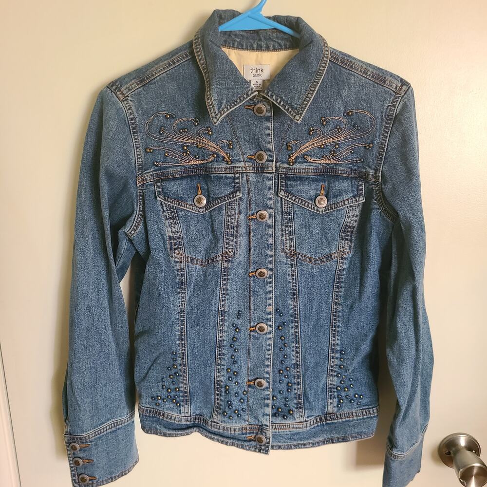 Retro Button Up Western Denim Blazer - Think Tank Embellished Jean Jacket